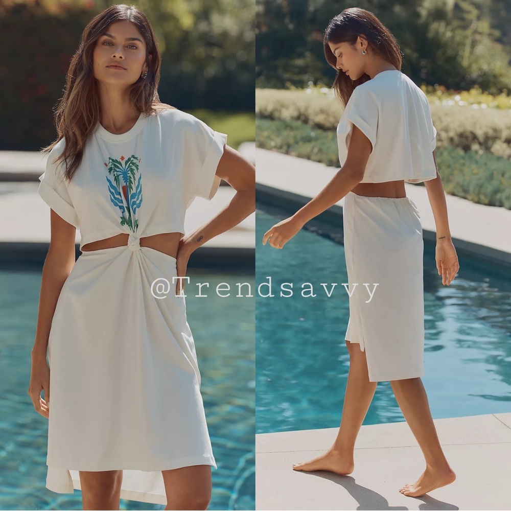 Anthropologie Celandine Tigre Indigo Ivory Cutout T-Shirt Dress XL NWT